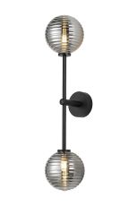 Gana Tall Arm Wall Light, 2 Light G9, IP44, Satin Black/Smoke Ribbed Round Glass