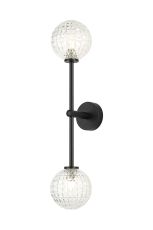 Gana Tall Arm Wall Light, 2 Light G9, IP44, Satin Black/Clear Cross Pattern Round Glass