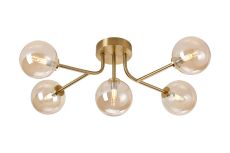 Gana Linear Semi Flush Ceiling, 5 Light G9, IP44, Brass Gold/Amber Smooth Round Glass