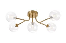 Gana Linear Semi Flush Ceiling, 5 Light G9, IP44, Brass Gold/Clear Smooth Round Glass