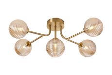 Gana Linear Semi Flush Ceiling, 5 Light G9, IP44, Brass Gold/Amber Ribbed Round Glass