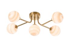 Gana Linear Semi Flush Ceiling, 5 Light G9, IP44, Brass Gold/Brown Round Marble Effect Glass