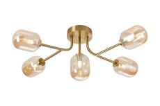 Gana Linear Semi Flush Ceiling, 5 Light G9, IP44, Brass Gold/Amber Smooth Tubular Glass