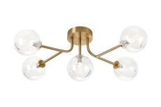 Gana Linear Semi Flush Ceiling, 5 Light G9, IP44, Brass Gold/Clear Waved Round Glass