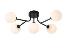 Gana Linear Semi Flush Ceiling, 5 Light G9, IP44, Satin Black/Opal Smooth Round Glass