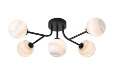 Gana Linear Semi Flush Ceiling, 5 Light G9, IP44, Satin Black/Grey Round Marble Effect Glass