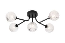 Gana Linear Semi Flush Ceiling, 5 Light G9, IP44, Satin Black/Clear Cross Pattern Round Glass