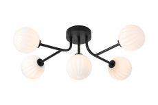 Gana Linear Semi Flush Ceiling, 5 Light G9, IP44, Satin Black/Opal Round Segment Glass