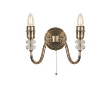 Lexo Wall Lamp Pull Switch (FRAME ONLY) Without Shade, 2 Light E27, Antique Brass/Clear Crystal