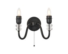 Lexo Wall Lamp Pull Switch (FRAME ONLY) Without Shade, 2 Light E27, Satin Black/Clear Crystal