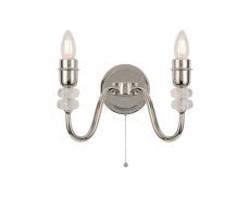 Lexo Wall Lamp Pull Switch (FRAME ONLY) Without Shade, 2 Light E27, Polished Nickel/Clear Crystal