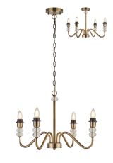 Lexo 60cm Multi Arm Pendant/Semi Flush (FRAME ONLY) Without Shade, 4 Light E27, c/w 1m Chain, Antique Brass/Clear Crystal