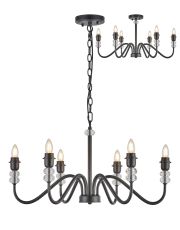 Lexo 74cm Multi Arm Pendant/Semi Flush (FRAME ONLY) Without Shade, 6 Light E27, c/w 1.5m Chain, Satin Black/Clear Crystal