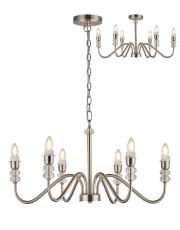 Lexo 74cm Multi Arm Pendant/Semi Flush (FRAME ONLY) Without Shade, 6 Light E27, c/w 1.5m Chain, Polished Nickel/Clear Crystal