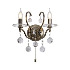 Zinta Wall Lamp Switched 2 Light E14 Switched Antique Brass/Crystal